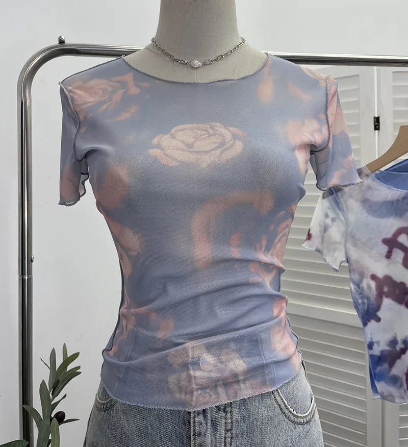 Pydshop Women's 2024 Retro Thin Mesh Butterfly Print Slim Short Sleeve T-Shirt Women's Summer Short Hot Girl Top Holiday Mini Summer Tee