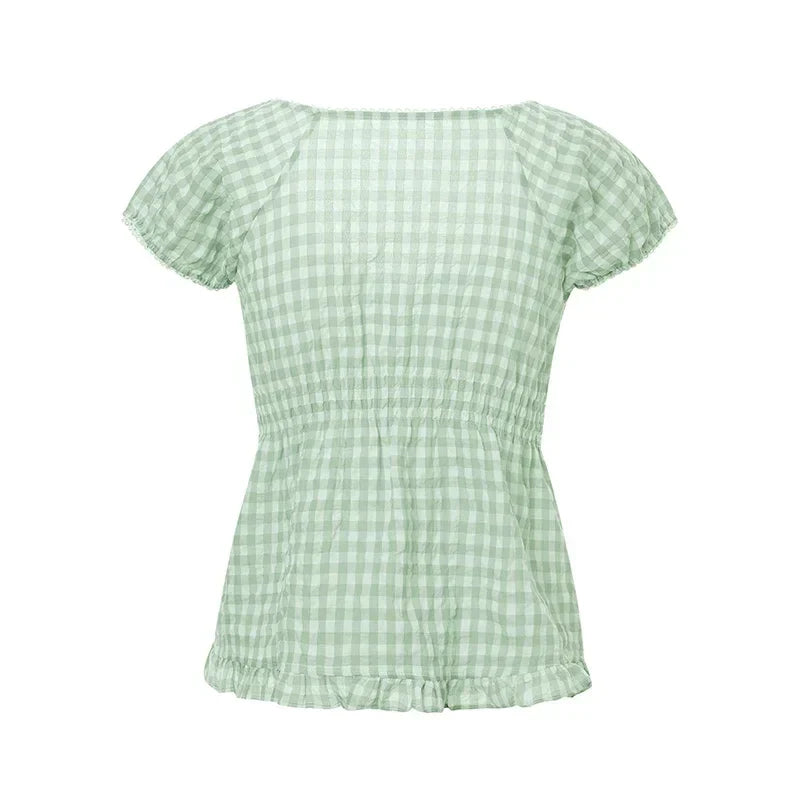 Pydshop Gingham Crop Top Women Fairy Grunge Lace Trim Short Sleeve Shirt Y2k Aesthetic Square Neck T-Shirt 90s Vintage Shirt Streetwear