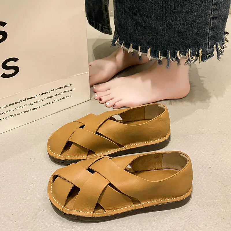 Pydshop 2024 Hot SummerNew Women's Outdoor Indoor Sandals Top Layer Cowhide Handmade Woven Women Casual Flat Bottomed Beach Woman Shoes