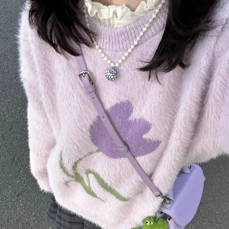 Pydshop Sweet Fashion Purple Waterproof Mink Pullovers Lazy All-match Loose Knitted Tops Women Y2k O-neck Long Sleeve Sweaters Mujer