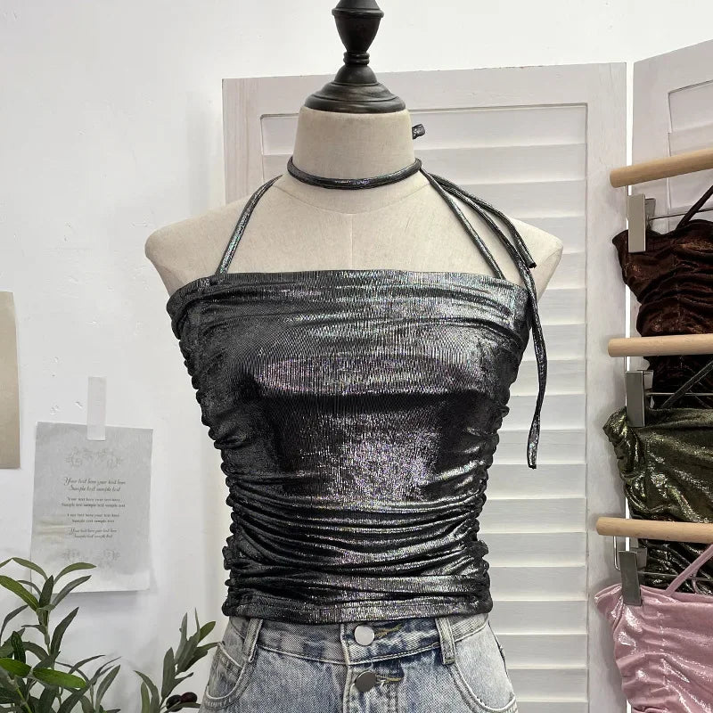 Pydshop Women's Sexy Pleated Halter Neck Gilt Sleeveless Short Camisole Y2K Tube Top Casual PartyClub Streetwear Essential Outfits 1368