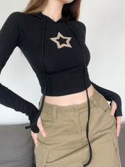 Pydshop Knitted Star Patches Hooded Crop Top