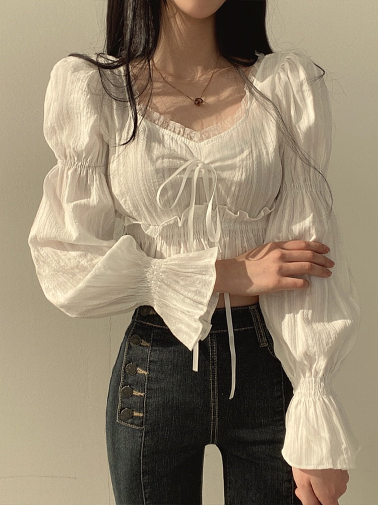 Pydshop French Style Chiffon Blouse Women Spring Summer Puff Sleeve Lace Up Ruffles Shirts Elegant Korean Fashion Preppy Style Sweet Top