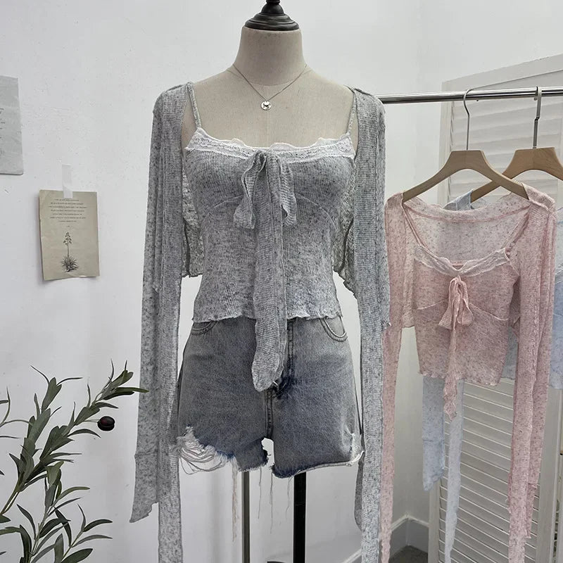 Pydshop Ladies Hottie Lace Bow Lace Up Camisole Short Irregular Streamer Long Sleeve Cardigan Top Knitted Two-Piece Set Y2K Sweety Top