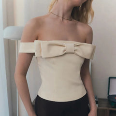 Pydshop Apricot Open-Shoulder Bow Lace Up Top