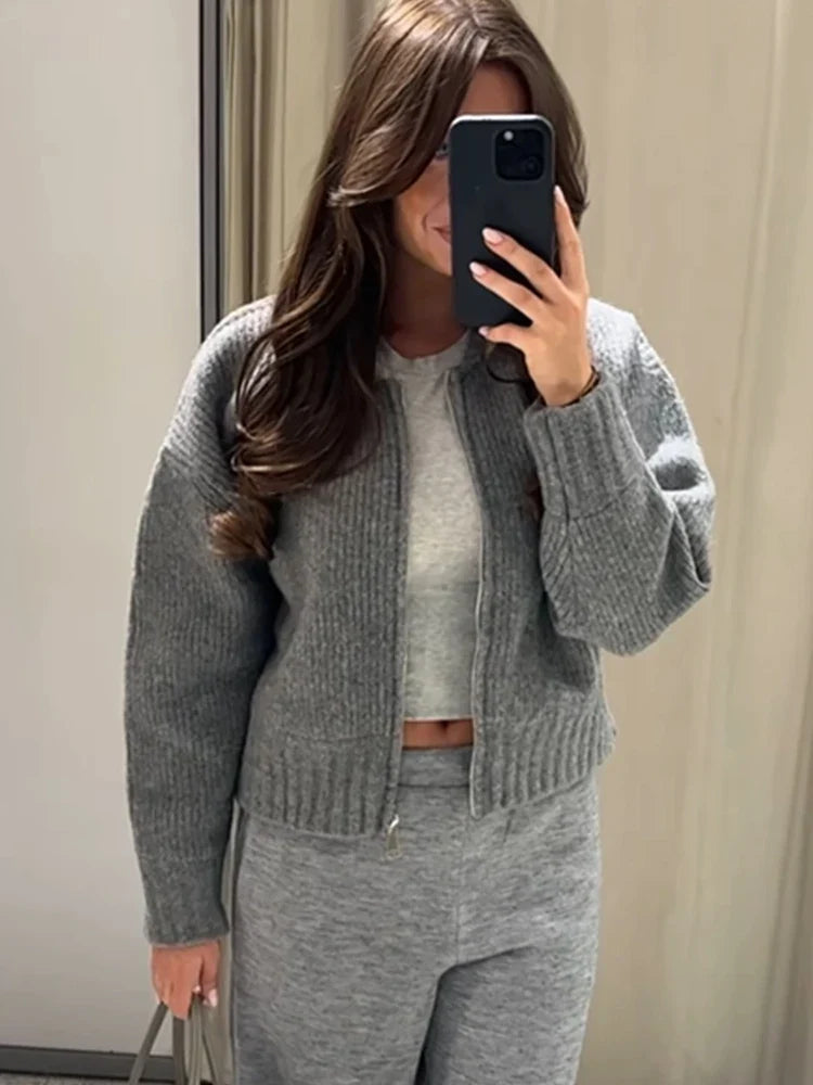 Pydshop Fashion Solid Zipper Sweater Women 2024 Autumn Winter Knit Bomber Jacket Female Round Collar Long Sleeve Lady Street Chic Tops