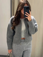 Pydshop Fashion Solid Zipper Sweater Women 2024 Autumn Winter Knit Bomber Jacket Female Round Collar Long Sleeve Lady Street Chic Tops