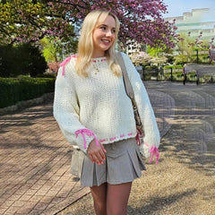Pydshop Contrast Color Knitted Pullover Sweater Top For Women Drawstring Loose Long Sleeve Splice Autumn Winter Fashion Sweater