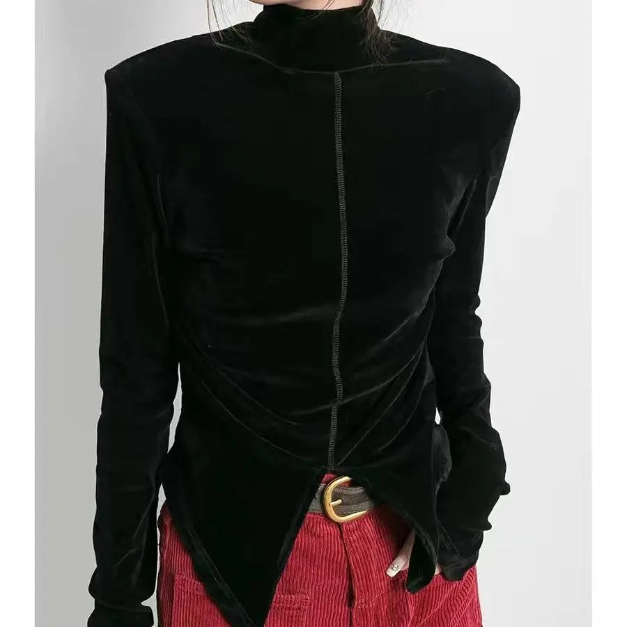 Pydshop Front Side-slit Solid Color Soft Long Sleeve Top