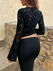 Pydshop Women Mesh Top Lace Long Sleeve Front Tie Slim Fit See Through Shirt Floral Lace Sexy Crop Tops Tee Blouse Y2k Streetwear