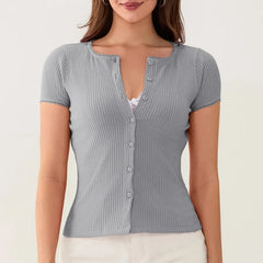 Pydshop Women Button Up Ribbed Kint Sweater Picot Trim Cap Short Sleeve Shirt Slim Fit Open Front Casual Cardigan Tops