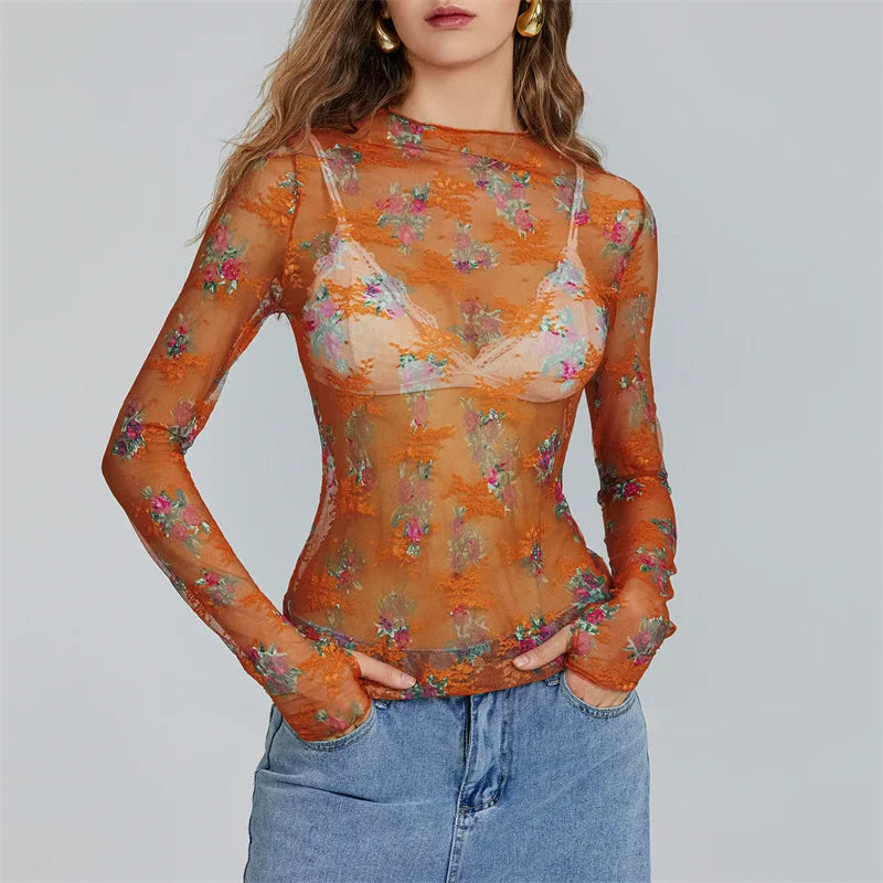 Pydshop Chic Sheer Tops for Women Long Sleeve Mock Neck Lace Mesh Top Sexy See Through Floral Tee Shirt Layering Blouse Y2k Streetwear