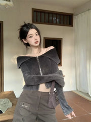 Pydshop Gradient Sexy Off Shoulder Sweaters Women Autumn Slim Fit Double Zipper Knitted Cardigan Y2k E-Girl Long Sleeve Tops Mujer