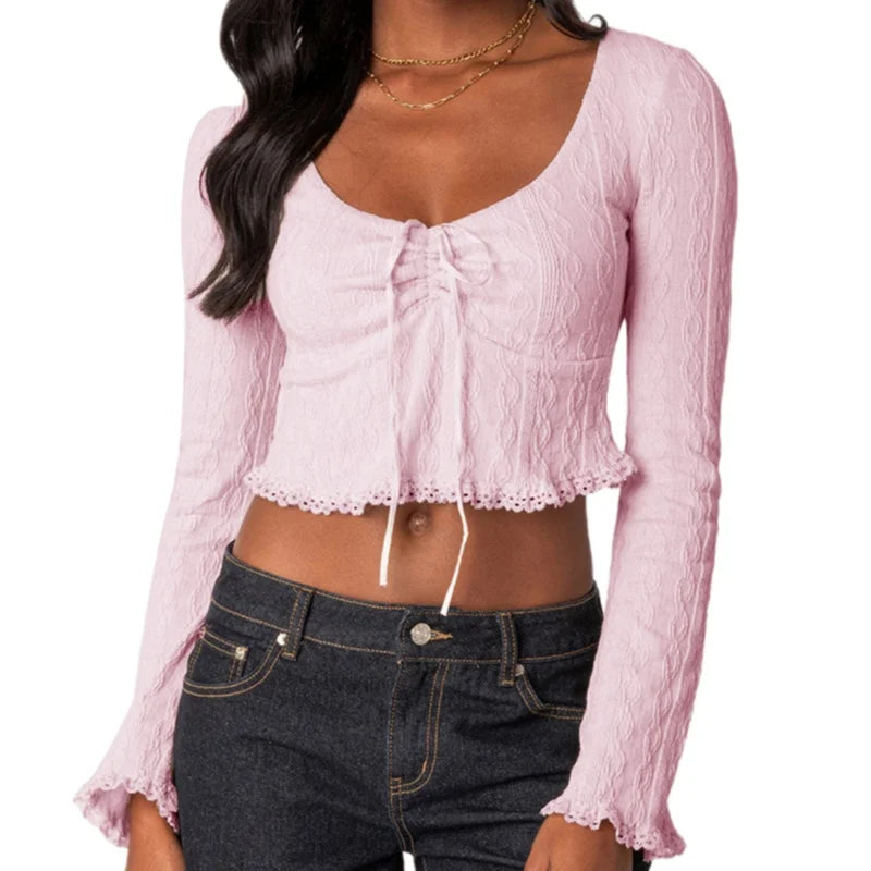 Pydshop Chic Jacquard Vintage Crop Top Autumn Long Sleeve Tee Shirts Female V Neck Tie UP Bow T shirts Y2K Lace Hem Shirts Clothing