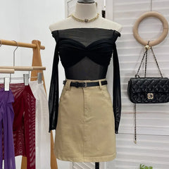 Pydshop Women's Sexy Boat Neck Off Shoulder See Through Mesh T-shirt Pleated Slim Fit Long Sleeve Top Casual Partyclub Streetwear Outfit