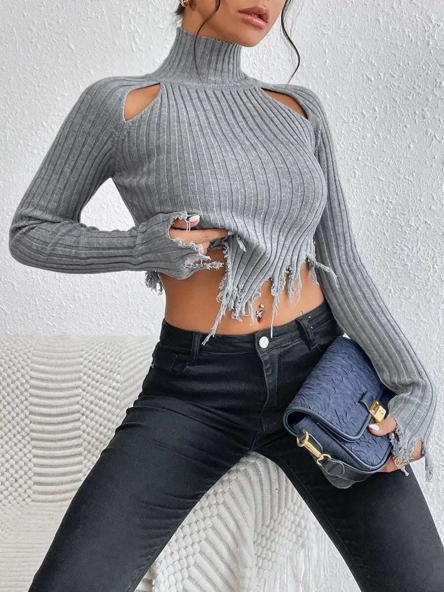 Pydshop Knitted Sweater Women High Collar Long Sleeve Worn Sexy Hollow Out Pullover Spring High Street Navel Y2K Sweaathers Tops
