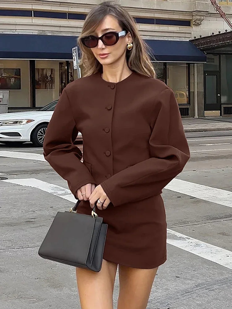 Pydshop Fashion Cardigan Skirt Two Pieces Set Female Button Long Sleeve Top Slim Solid Mini Skirt Chic Matching Set Autumn Casual