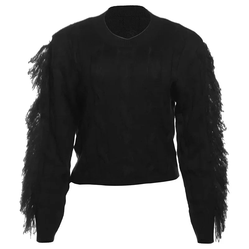 Pydshop Splice Tassel Short Knitted Top Female Solid Slim Fit Long Sleeves Fashion Pullover Sweater Women's Autumn Winter Casual