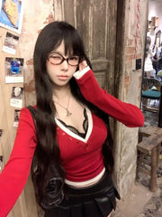 Pydshop Red Fake Two Piece Lace Patchwork V-neck Tops Mujer 2024 Early Autumn New T-ahirt for Women Y2k Slim Fit Long Sleeve Tee Shirt