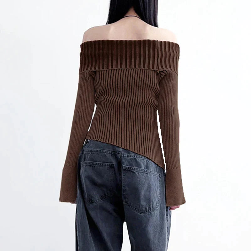 Pydshop 2024 Fashion Woman tops y2k style Vintage Brown Stripe Buckle Off Shoulder Sweater