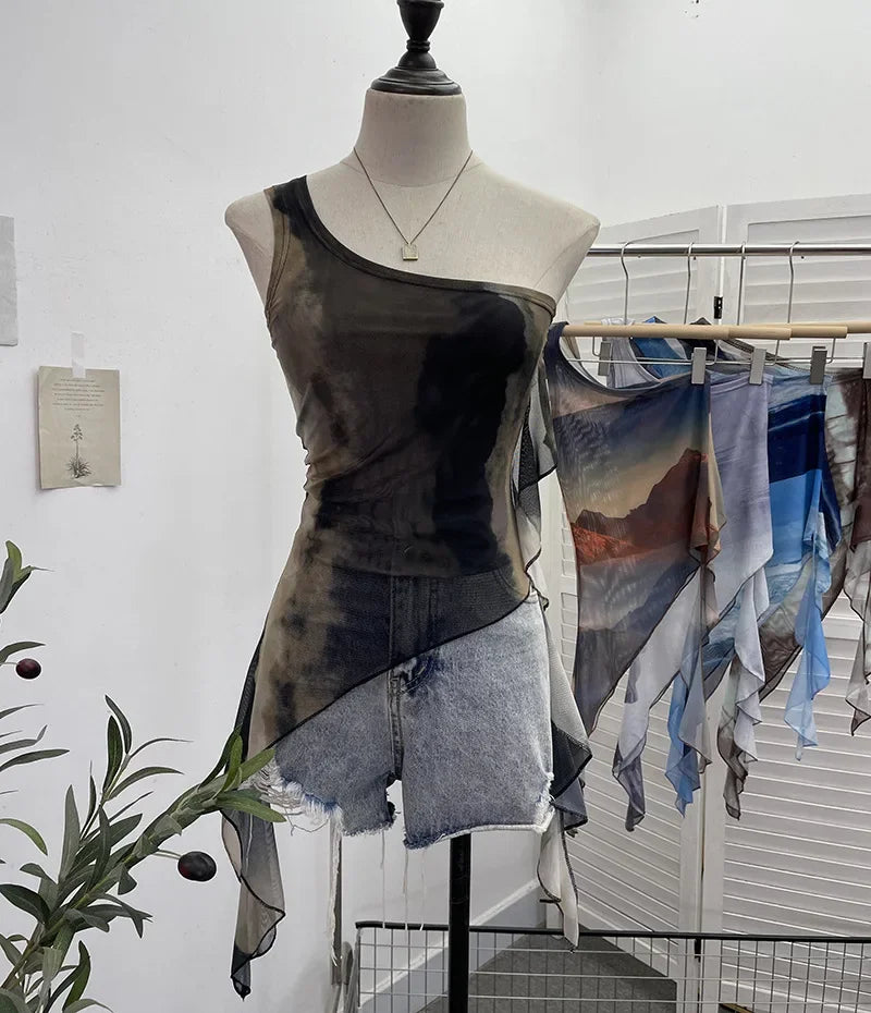 Pydshop Ladies Off-shoulder Camisole Slim Fit Vest Hot Girl Sexy Tie-Dye Mesh Irregular Ribbon Tank Top Ruffled Party Leisure Essential