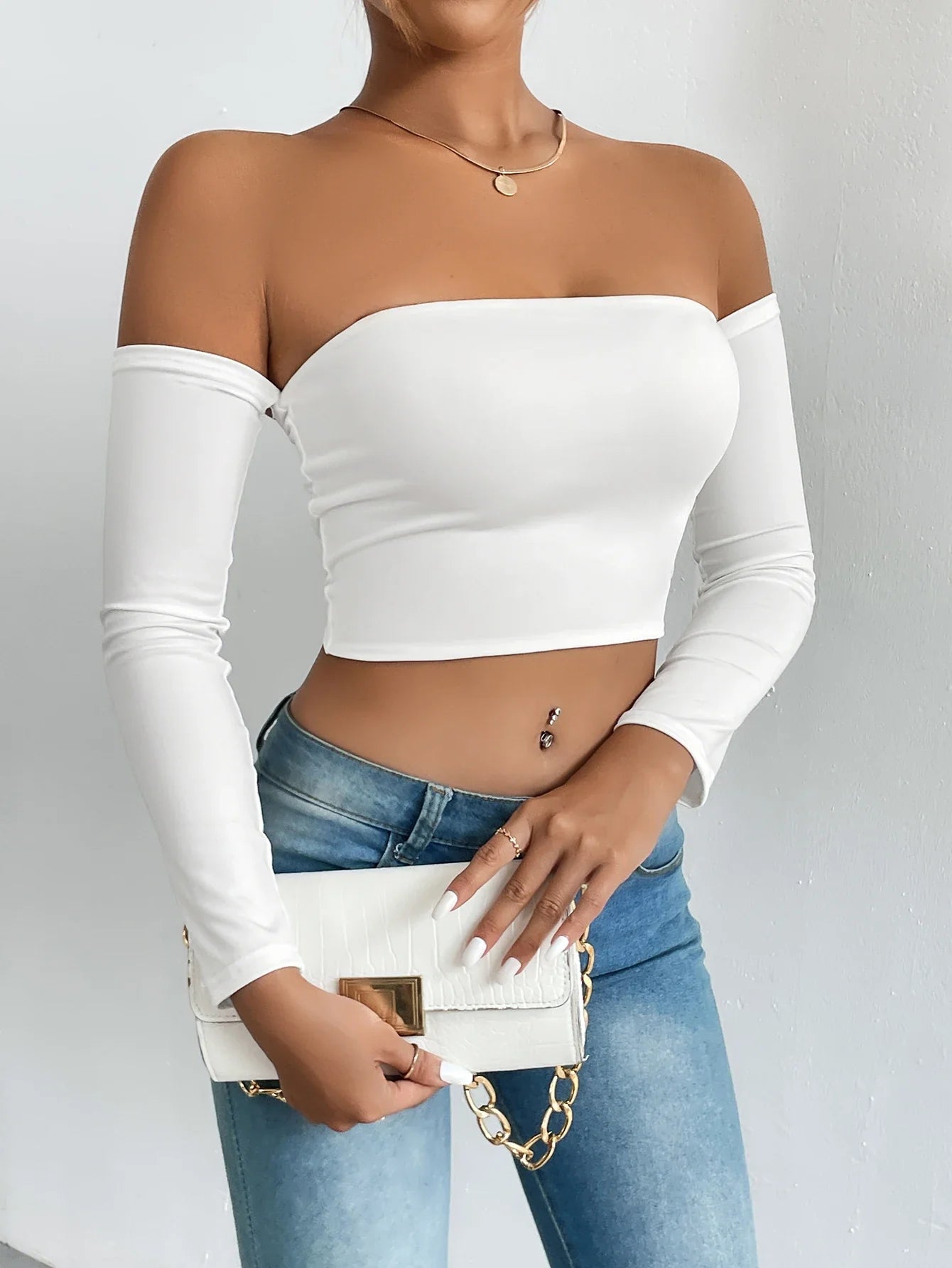 Pydshop Off Shoulder Crop T-Shirt, Casual Long Sleeve Top For Spring & Fall, Women's Clothing