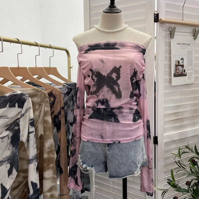 Pydshop Retro Tie Dye Pleated One Shoulder Long Sleeved T-shirt For Women Summer Sexy See Through Mesh Irregular Top y2k PartyClub Wear