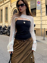 Pydshop High Street Spice Fashion Hollow out Broken Knitted Hotel Party Casual Lace up Top Garment Long Sleeve Shawl Accessories0821