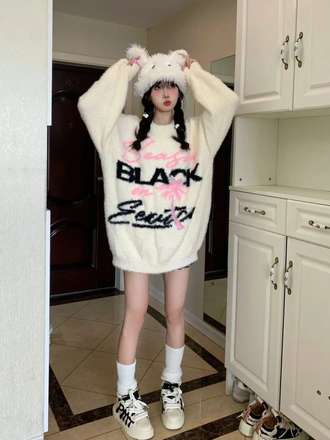 Pydshop  -  Oversized Sweater Women Winter Letter Jacquard Knit Sweater Thickened Casual Top Y2k Clothes O-Neck Sweater Mujer Fairy Grunge