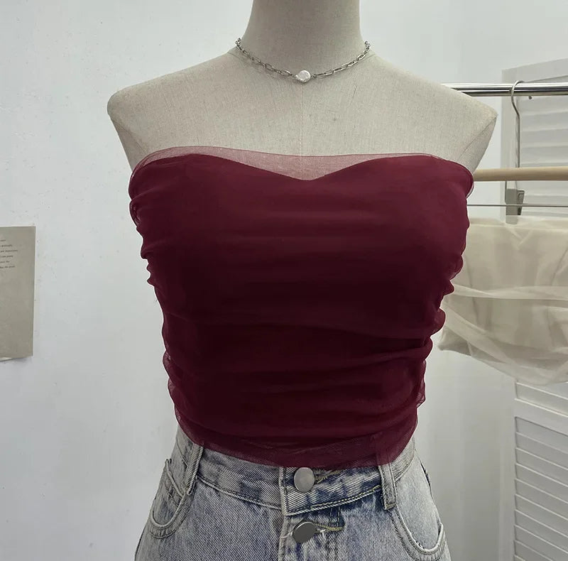 Pydshop Ladies Sexy Thai Hot Girl Mesh Splicing Chest Wrap Sleeveless Top Short Navel Baring Slim Tube Top With Breast Pads 8865 Outfits