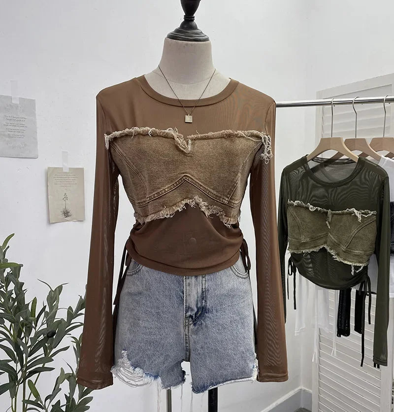 Pydshop Hot Girl American Retro Denim Mesh Patchwork Top Sexy See Through Drawstring Long Sleeve Short T-shirt Party Casual Streetwear