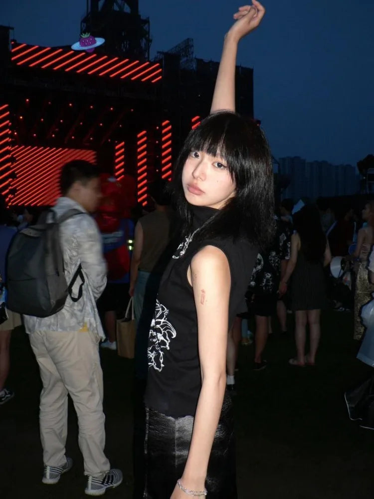 Pydshop Y2k Grunge O-neck Print Black Vests for Women Summer New Sleeveless T-shirts Harajuku Fashion Slim Fit Street Tank Top