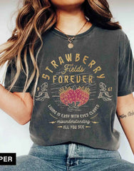 Pydshop Beatle Strawberry Fields Rock Band Tee Old School Short Sleeve Band Shirt Loose Casual Apparel Y2K Top Daily Trendy Streetwear