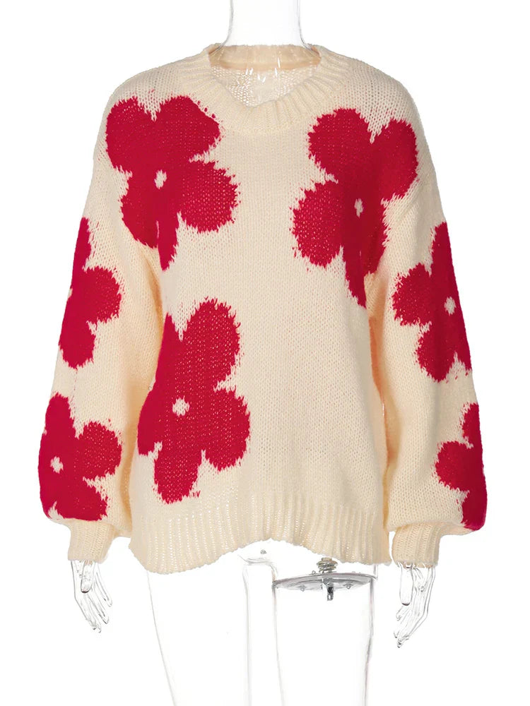 Pydshop Crochet Embroidered Sweater For Women 2024 Autumn Winter Fashion Loose Long Sleeve Knitted Pullover Top Female Casual