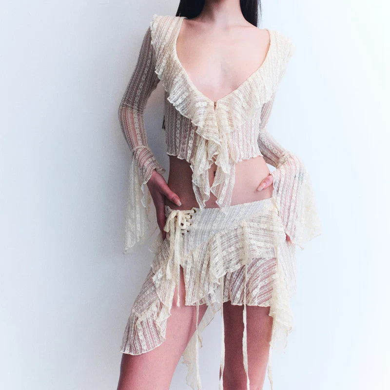 Pydshop Fairy Coquette Women Y2K Outfits Floral Lace Sheer 2 Piece Set Ruffles V Neck Flare Sleeve Crop Tops + Irregular Hem Mini Skirt