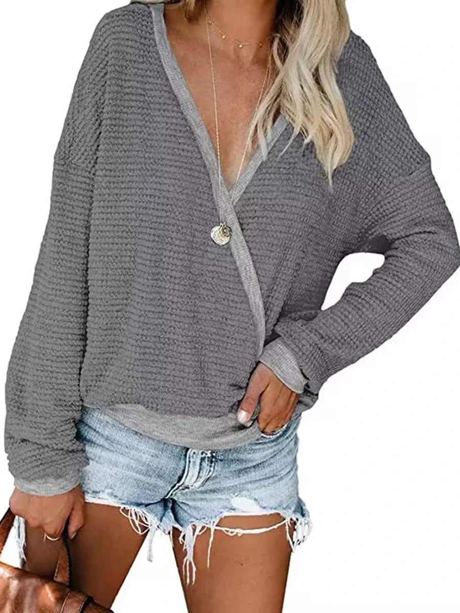 Pydshop Women's V-neck Oversized Sweaters Contrast Y2k Milkmaid T-Shirt Autumn Long Sleeved Fashion Knit Sweater Pullover Top Streetwear