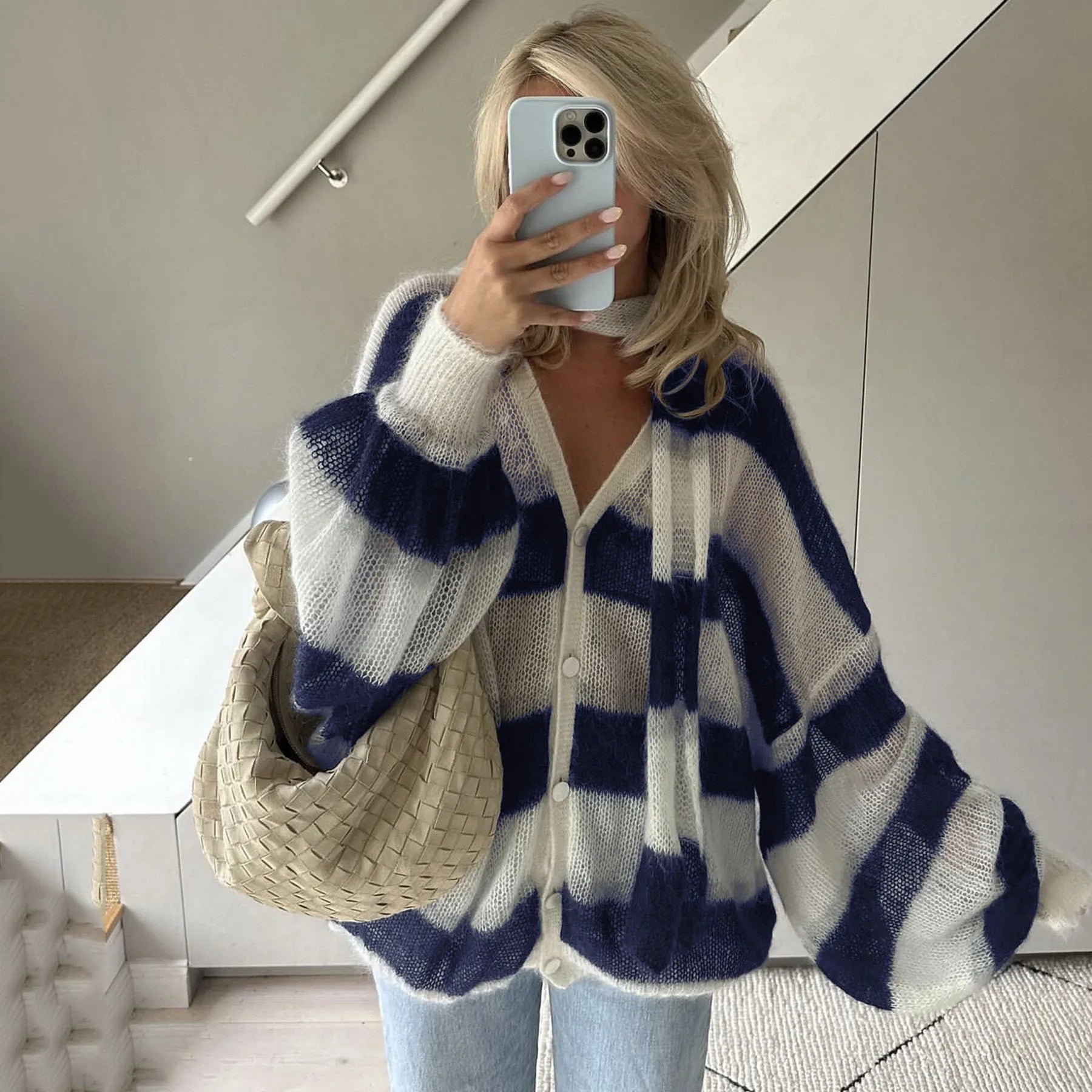 Pydshop Fashion Striped Sweater Cardigan With Scarf Female Loose Thin Hollow Knitted Top Lantern Sleeve Contrast Color Retro Top