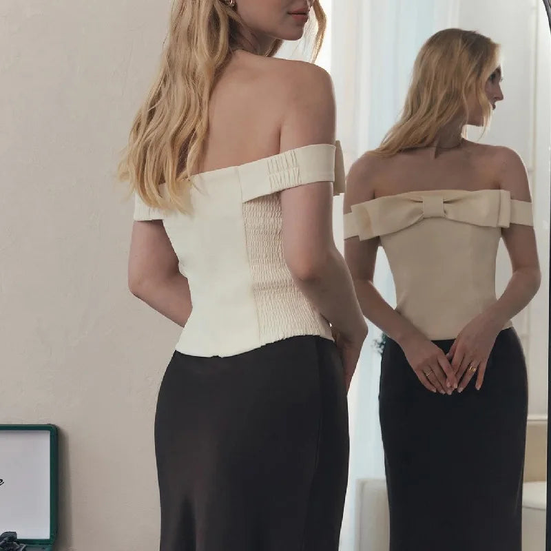 Pydshop Apricot Open-Shoulder Bow Lace Up Top