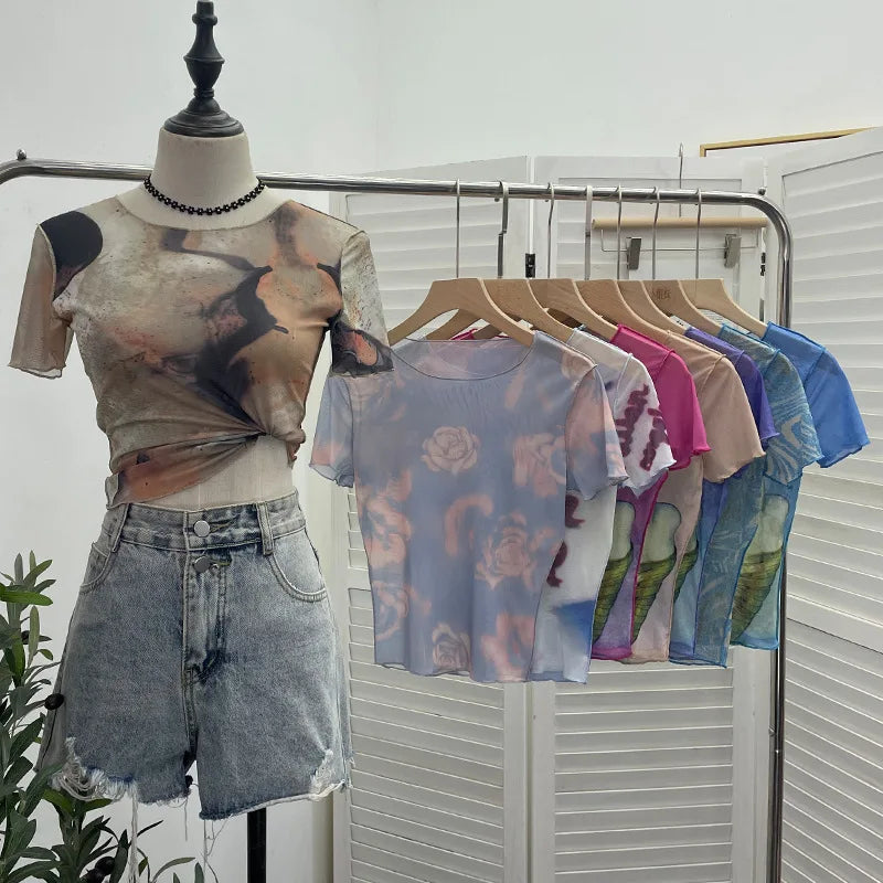 Pydshop Women's 2024 Retro Thin Mesh Butterfly Print Slim Short Sleeve T-Shirt Women's Summer Short Hot Girl Top Holiday Mini Summer Tee