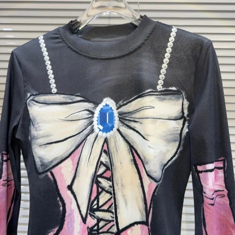 Pydshop Spring Autumn New Bottoming T-shirts Colorful Hand Drawn Bow Print O-neck Tee Shirt Y2k Slim Fit Long Sleeve Tops Women