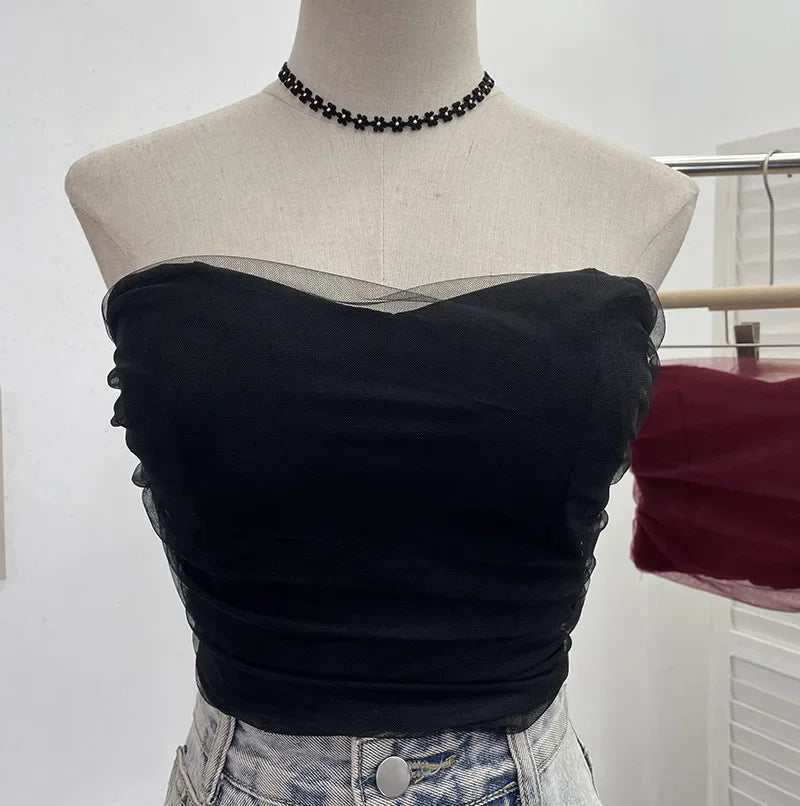 Pydshop Ladies Sexy Thai Hot Girl Mesh Splicing Chest Wrap Sleeveless Top Short Navel Baring Slim Tube Top With Breast Pads 8865 Outfits