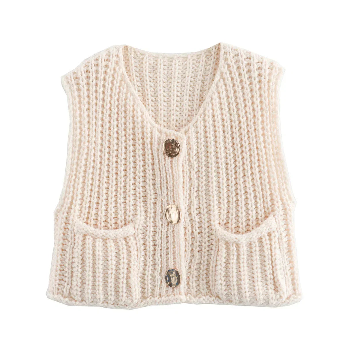Pydshop Fashion Sleeveless Knitted Cardigan Vests For Women Autumn New Short Sweater Button With Pockets Solid Color Knitted Top