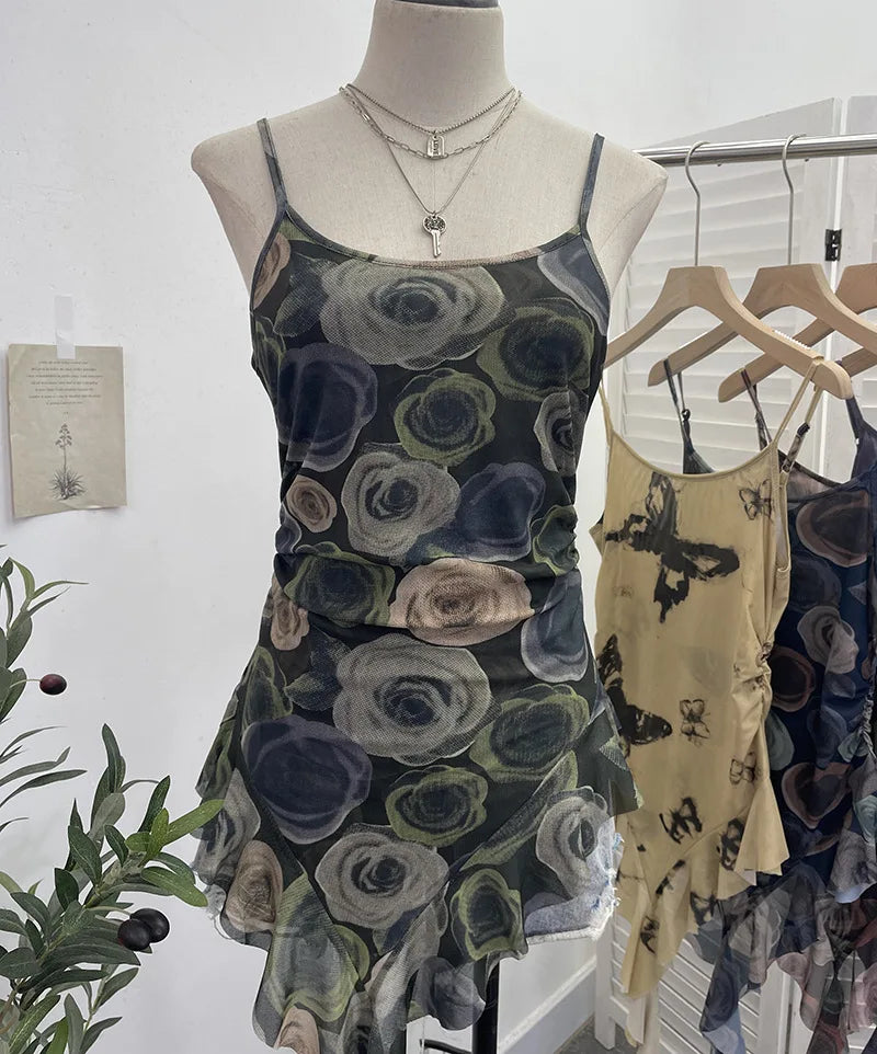 Pydshop Sexy Hot Girl Mesh Printed Camisole Slim Fit Irregular Ribbon Ruffled Sleeveless Top Ruffled Vest Party Essential Club Streewear