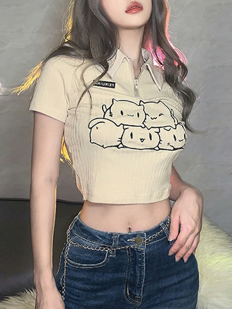 Pydshop Cartoon Print T Shirt Women Summer Lapel Detachable Long-Sleeved Crop Top Korean Style Sweet Kawaii Tops Streetwear Y2K Clothes