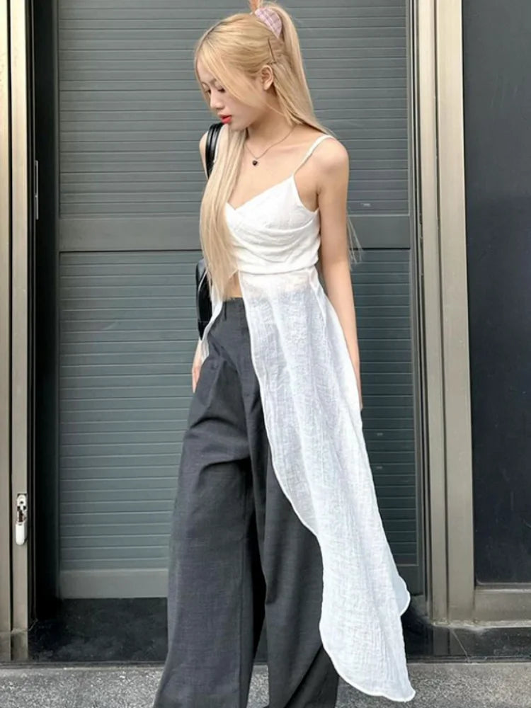 Pydshop Korean Kpop Irregular Cross Long Tops Mujer Summer Grunge Sexy Backless Vest for Women Y2k Aesthetics Slim Fit White Tank Top