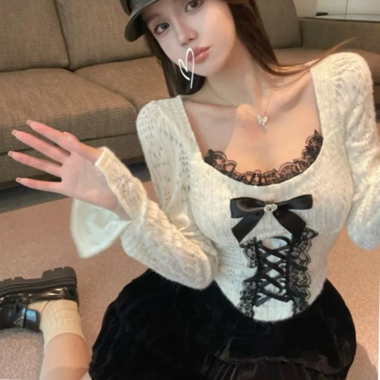Pydshop Elegant Square Collar Bow Lace Tops Mujer 2024 Early Qutumn New T-shirt for Women Y2k E-Girl Slim Fit Long Sleeve Pullover