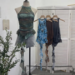 Pydshop Women Retro Mesh Half Turtle Collar Ruffled Ribbon Tank Top Sexy Hot Girl Tie Dye Printed Sleeveless Cropped Top Streetwear 9969
