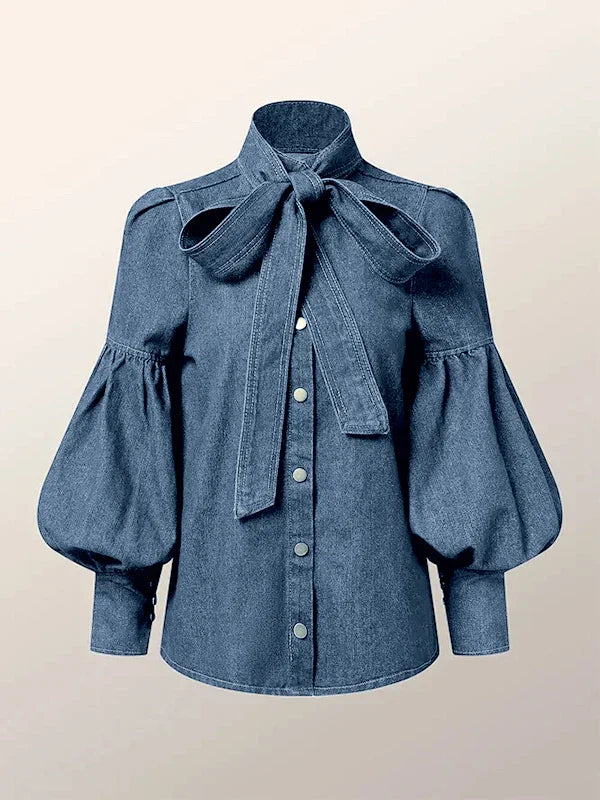 Pydshop Denim Puff Sleeve High Neck Top