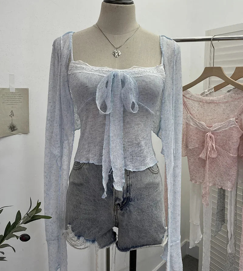 Pydshop Ladies Hottie Lace Bow Lace Up Camisole Short Irregular Streamer Long Sleeve Cardigan Top Knitted Two-Piece Set Y2K Sweety Top