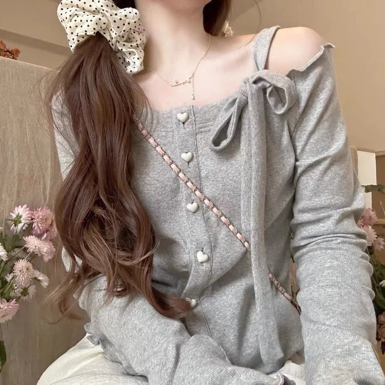 Pydshop Fashion Sweet Off Shoulder Bow Lace Up Sweaters 2024 New Slim Fit Pink Tops Women Y2k Grunge Long Sleeve Cardigan Mujer